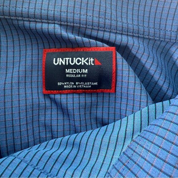Untuckit Langhome Blue Windowpane Plaid Button Up Shirt Stretchy Regular Fit M - Picture 3 of 10